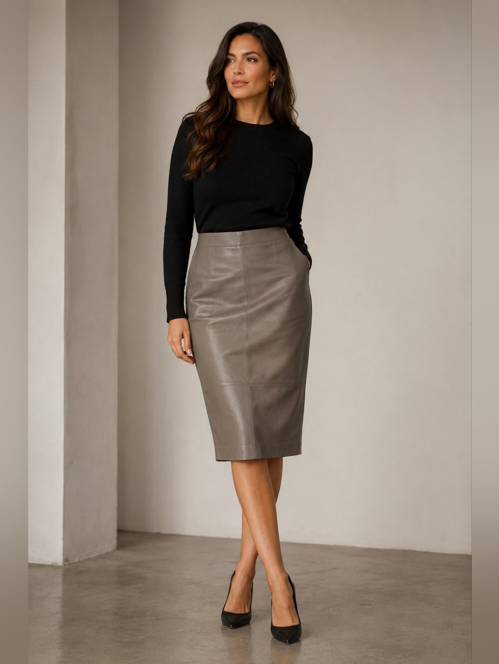 Bod & Christensen Leather Midi Length Pencil Skirt In Simply Taupe Sz 6